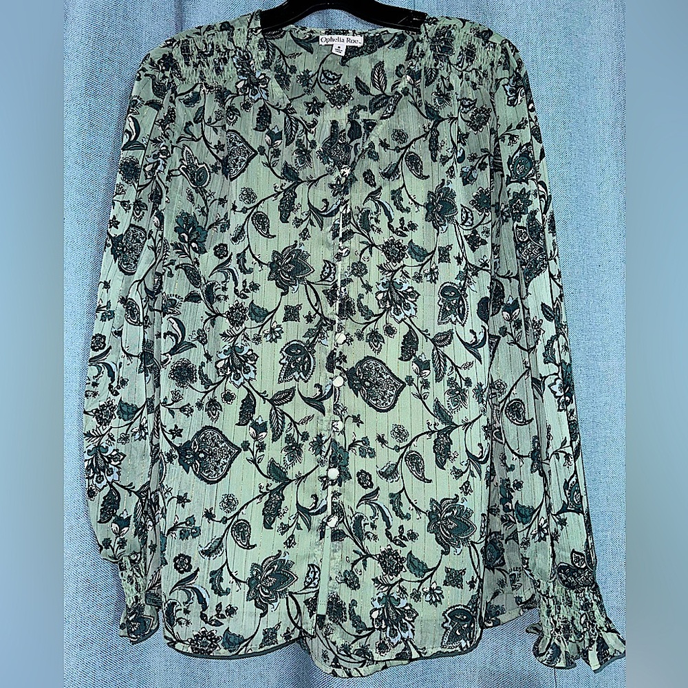 Ophelia Roe. Green & Blue Paisley Blouse with gold threading.
